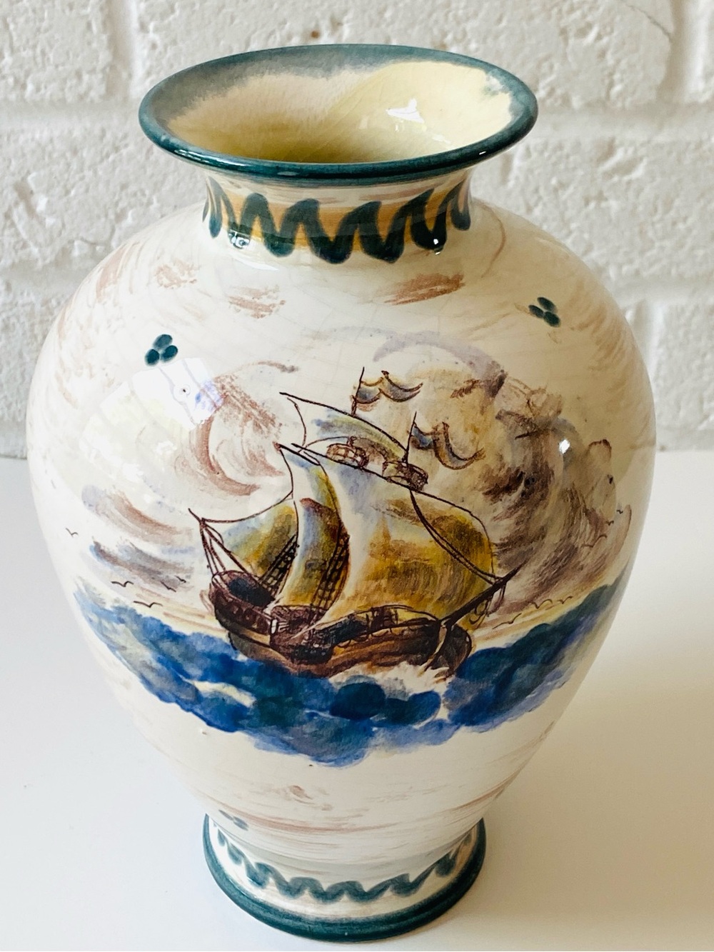 Vintage Elmer Keramik Hand-Painted Nautical Ceramic Vase Cream and Blue Germany